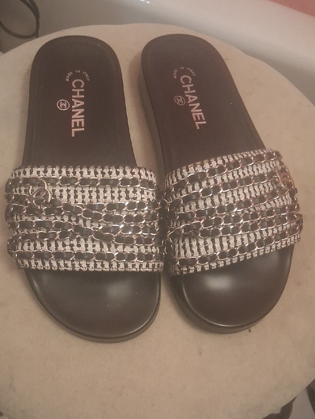 Flash Sale! Authentic Chanel Black Slide Mules With Silver Chain-Strap Detail 39